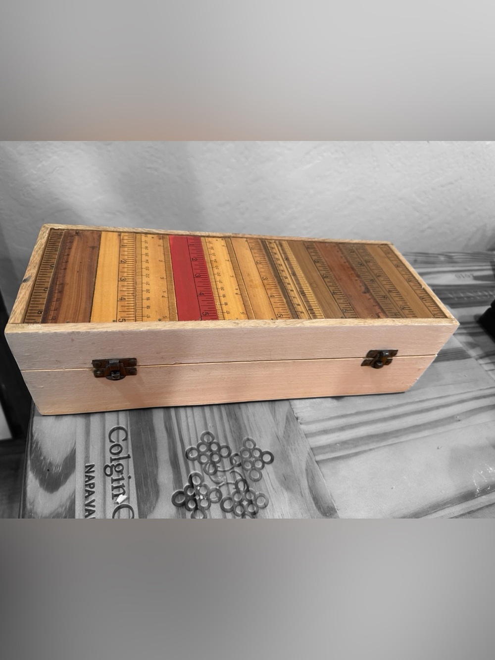 Vintage Ruler Pattern Danny Seo Wooden Storage Box - Natural & Red Desktop Pens